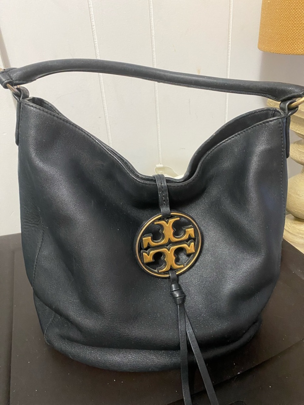 Tory Burch Black Leather Hobo with Gold Logo Medallion